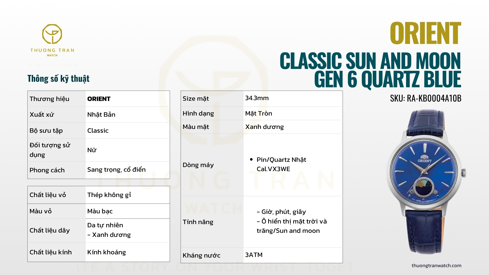 ORIENT CLASSIC SUN AND MOON GEN 6 QUARTZ BLUE RA-KB0004A10B
