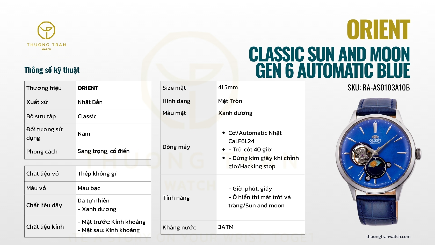 ORIENT CLASSIC SUN AND MOON GEN 6 AUTOMATIC BLUE RA-AS0103A10B