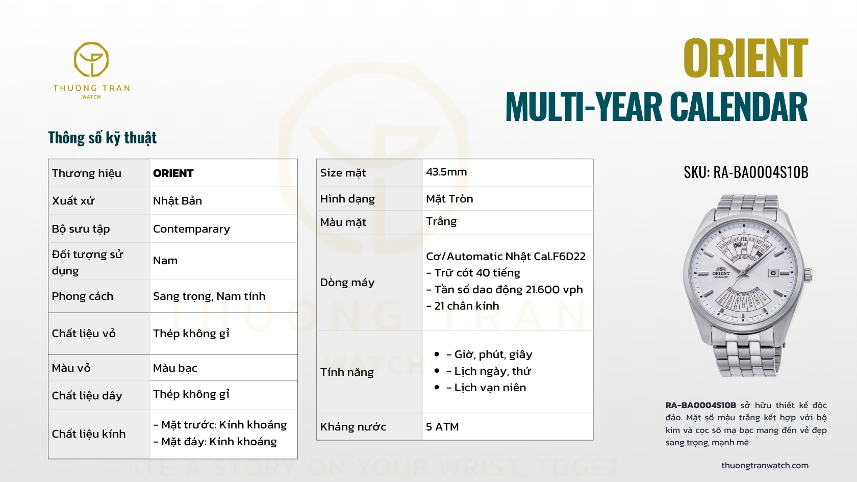 ĐỒNG HỒ NAM ORIENT MULTI-YEAR CALENDAR RA-BA0004S10B