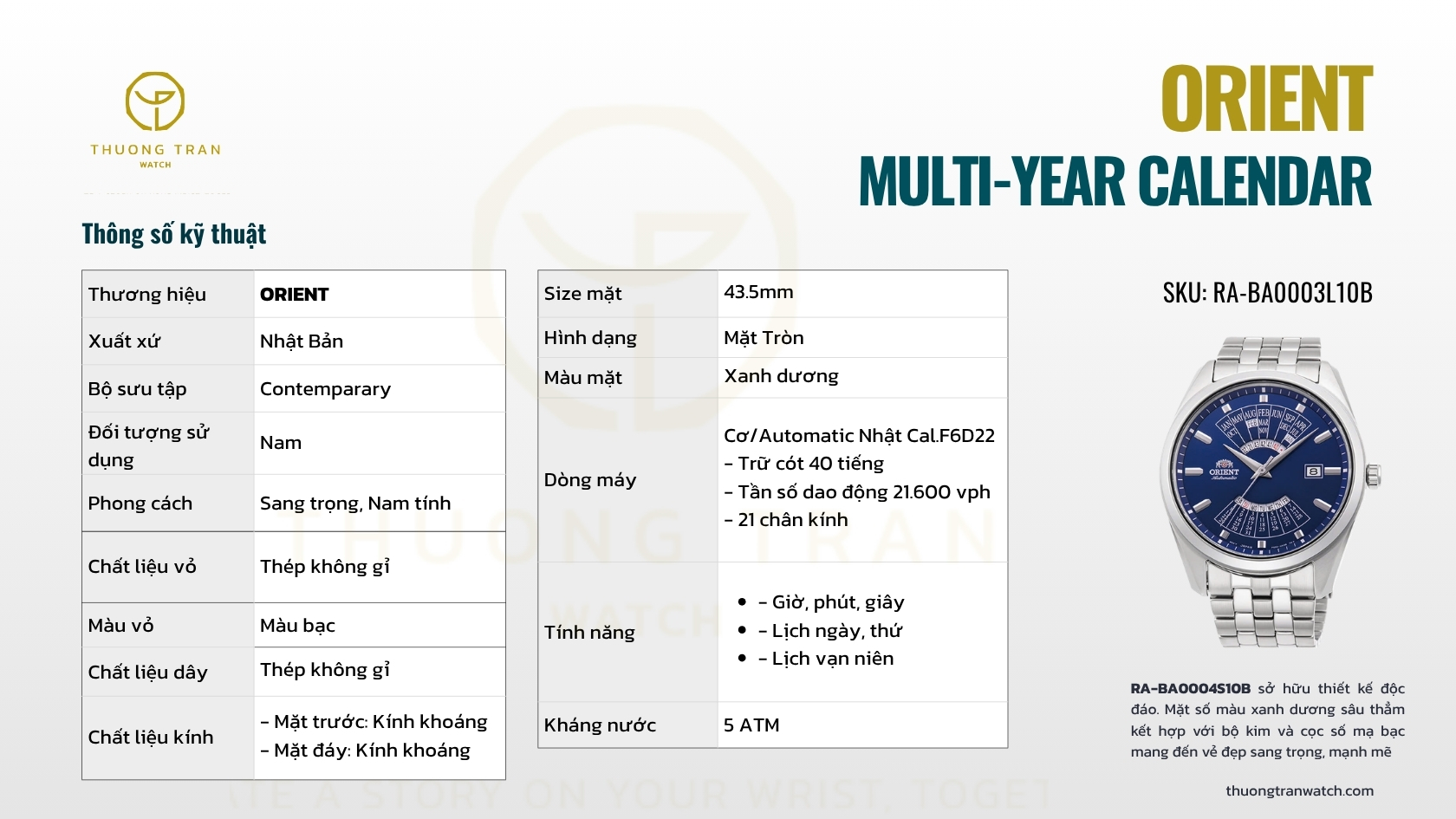 ĐỒNG HỒ NAM ORIENT MULTI-YEAR CALENDAR RA-BA0003L10B