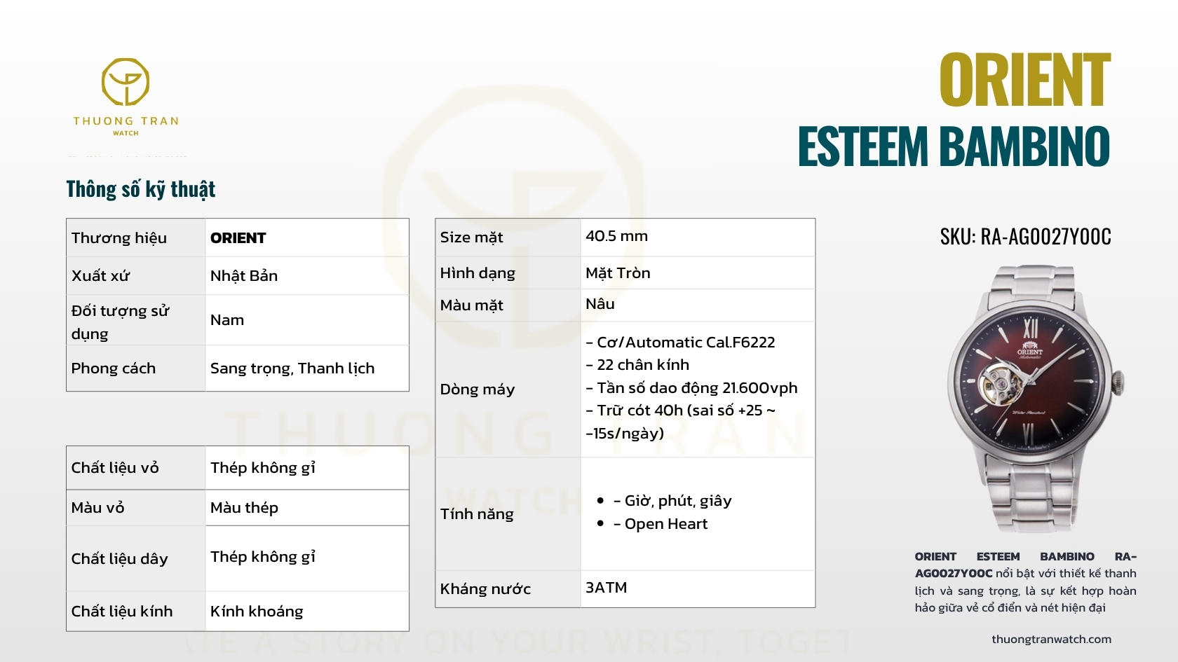 ĐỒNG HỒ NAM ORIENT ESTEEM BAMBINO RA-AG0027Y00C (RA-AG0027Y30B)(RN-AG0016Y)