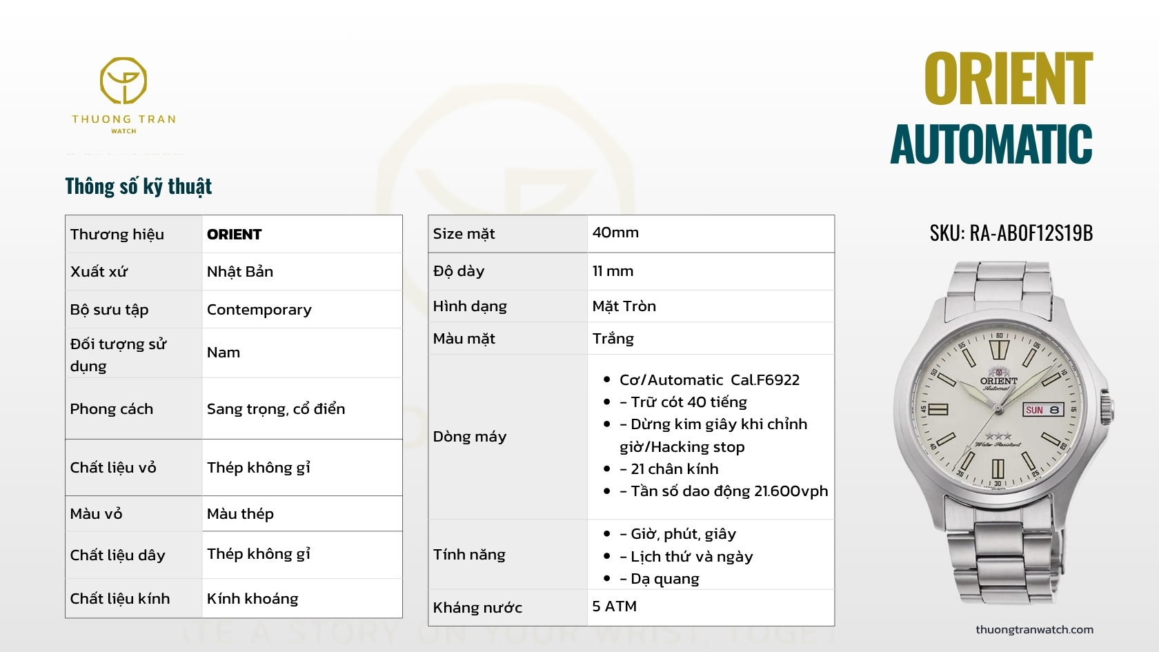 ORIENT AUTOMATIC RA-AB0F12S19B (BẢO HÀNH QUỐC TẾ)
