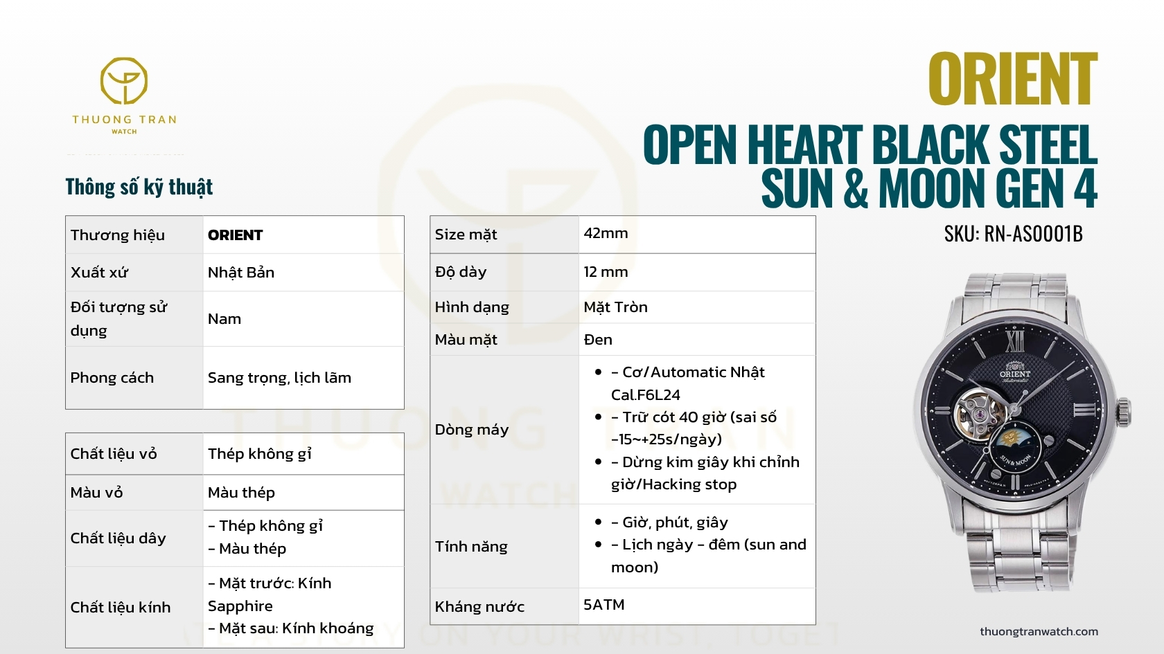 ORIENT OPEN HEART BLACK STEEL SUN & MOON GEN 4 RN-AS0001B (Nội địa)