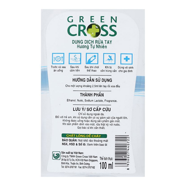 Dung dịch rửa tay Green Cross hương tự nhiên kháng khuẩn chai 100ml