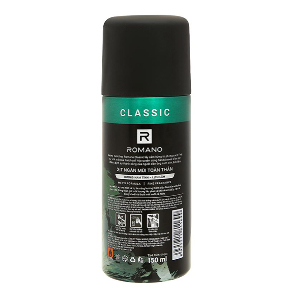 Xịt khử mùi Romano Classic ngăn mùi, kháng khuẩn chai 150ml