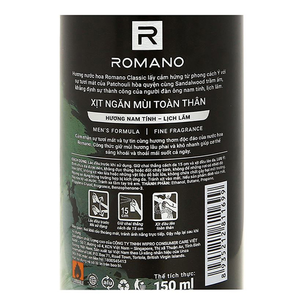 Xịt khử mùi Romano Classic ngăn mùi, kháng khuẩn chai 150ml