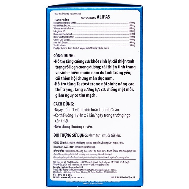 Viên uống Men’s Ginseng Alipas Ecogreen tăng cường sinh lực phái mạnh (30 viên)