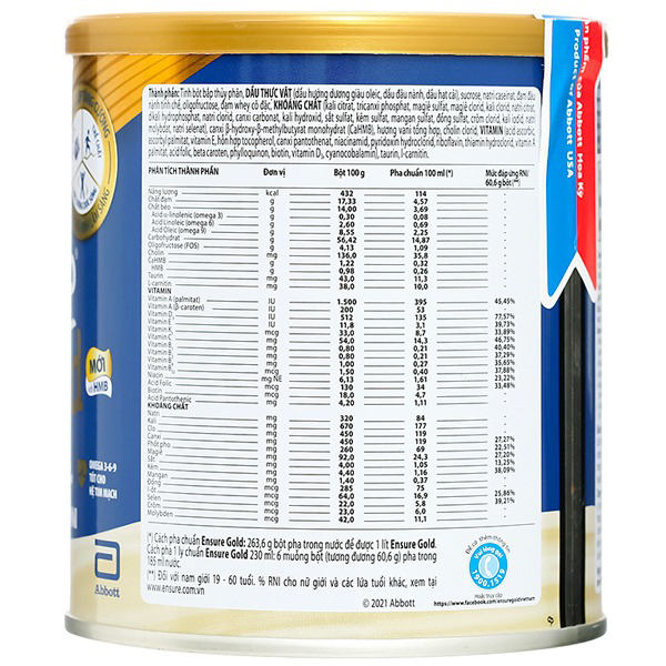 Sữa bột Ensure Gold bổ sung dinh dưỡng, tăng cường sức khỏe hương vani lon 400g