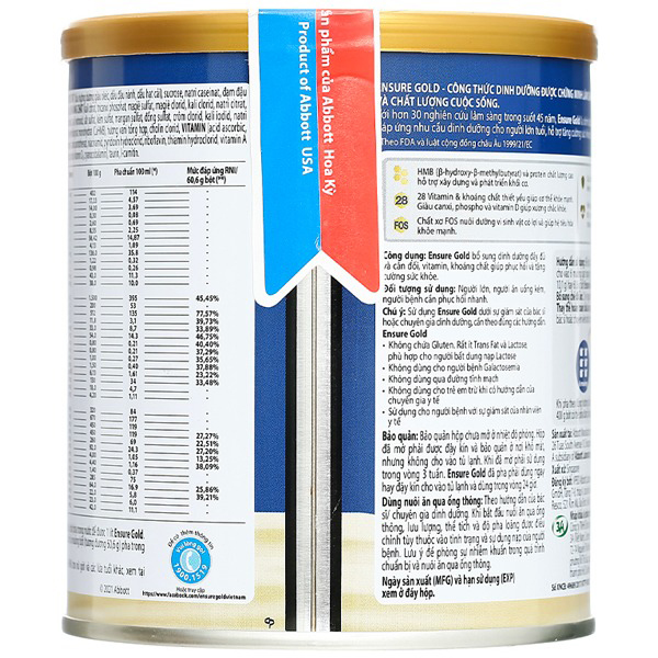 Sữa bột Ensure Gold bổ sung dinh dưỡng, tăng cường sức khỏe hương vani lon 400g