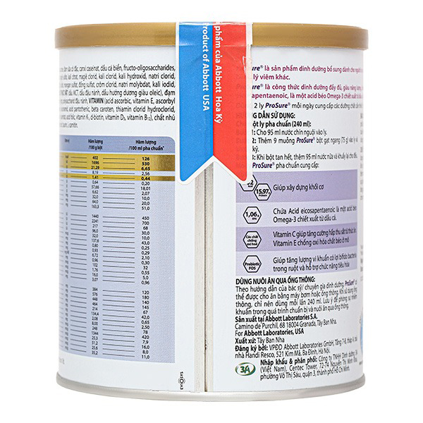 Sữa bột Prosure bổ sung dinh dưỡng cho người sụt cân do bệnh hương vani lon 380g
