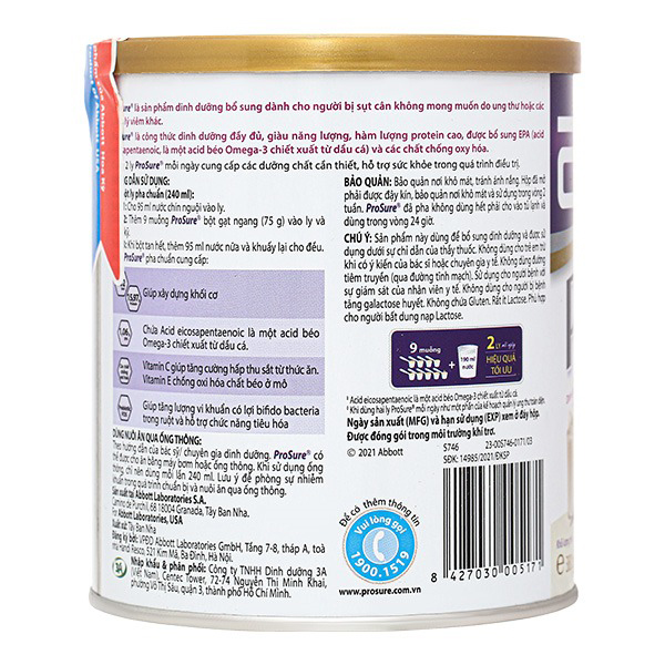 Sữa bột Prosure bổ sung dinh dưỡng cho người sụt cân do bệnh hương vani lon 380g
