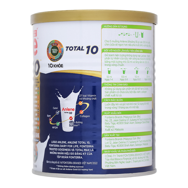 Sữa bột Anlene Total 10 bổ sung dưỡng chất cho người trên 40 tuổi hương vani lon 400g
