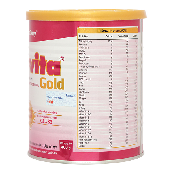 Sữa bột Gluvita Gold bổ sung dinh dưỡng cho người đái tháo đường lon 400g