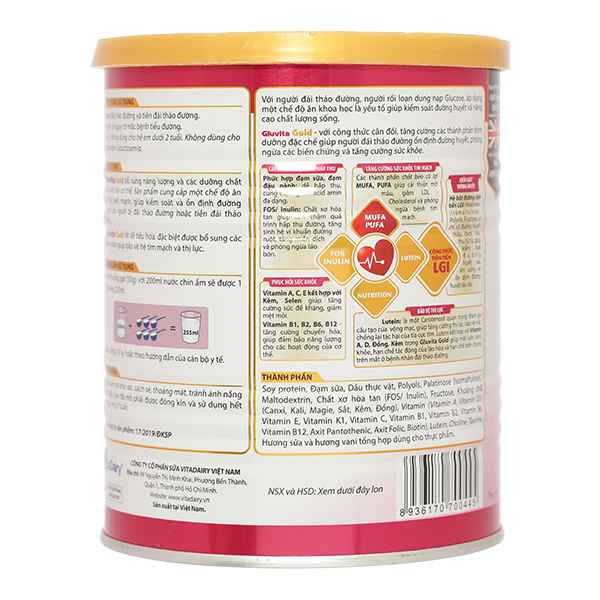 Sữa bột Gluvita Gold bổ sung dinh dưỡng cho người đái tháo đường lon 400g