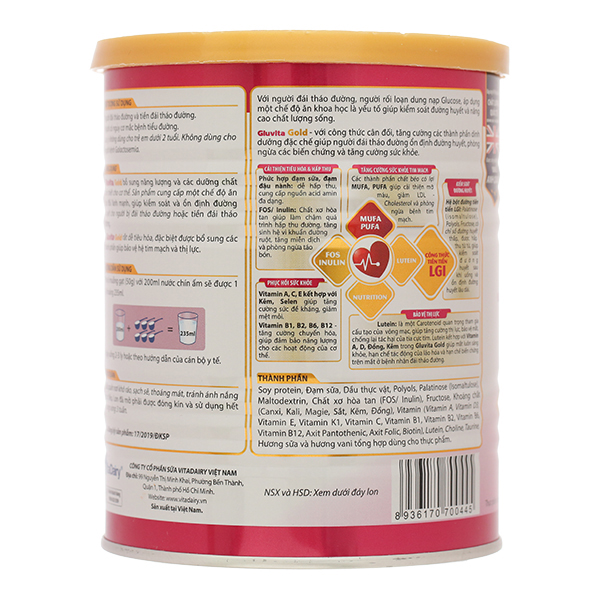 Sữa bột Gluvita Gold bổ sung dinh dưỡng cho người đái tháo đường lon 400g