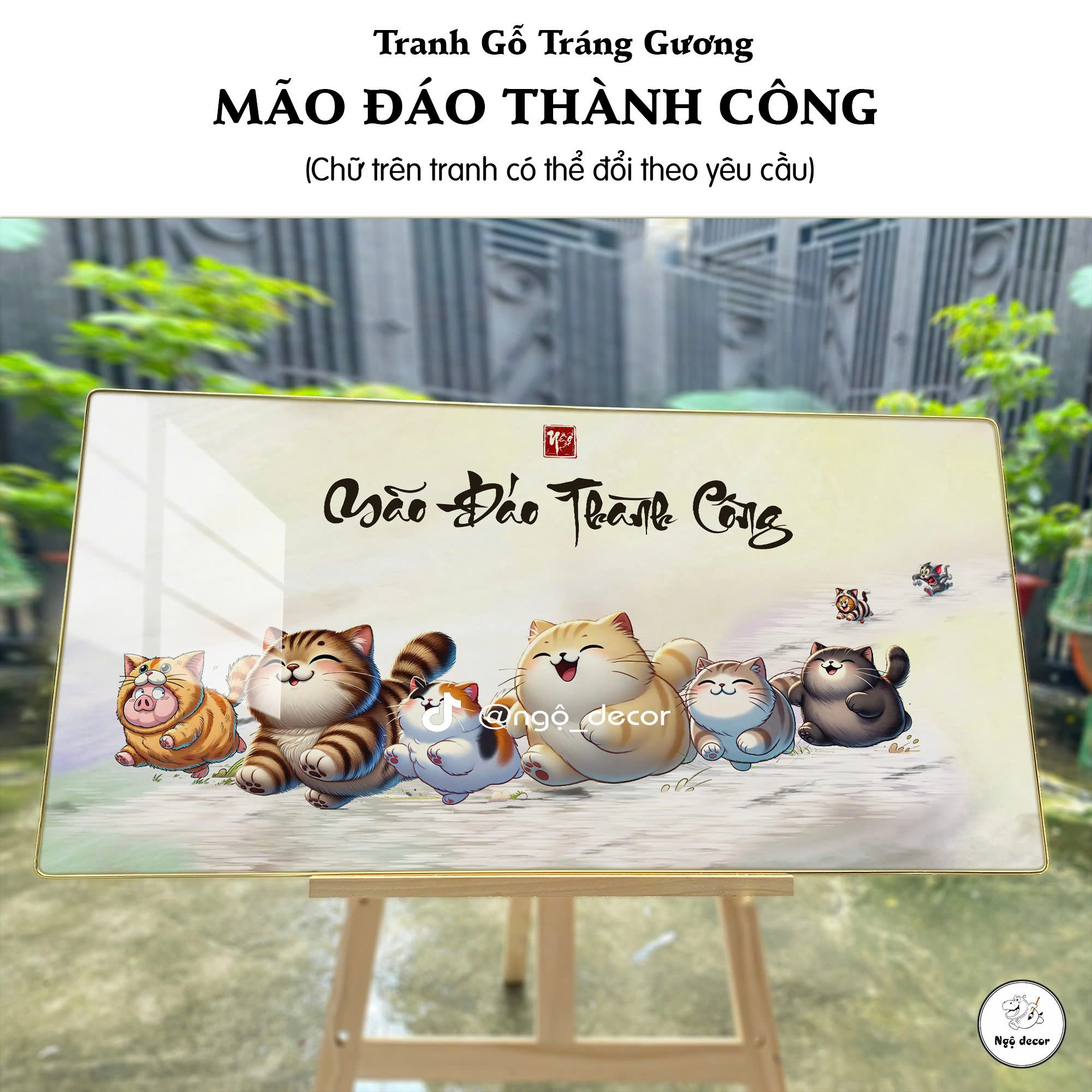 Tranh Gỗ tráng gương MÈO MÃO ĐÁO THÀNH CÔNG hài hước, Treo tường, để bàn, khung bo viền, Nhiều size