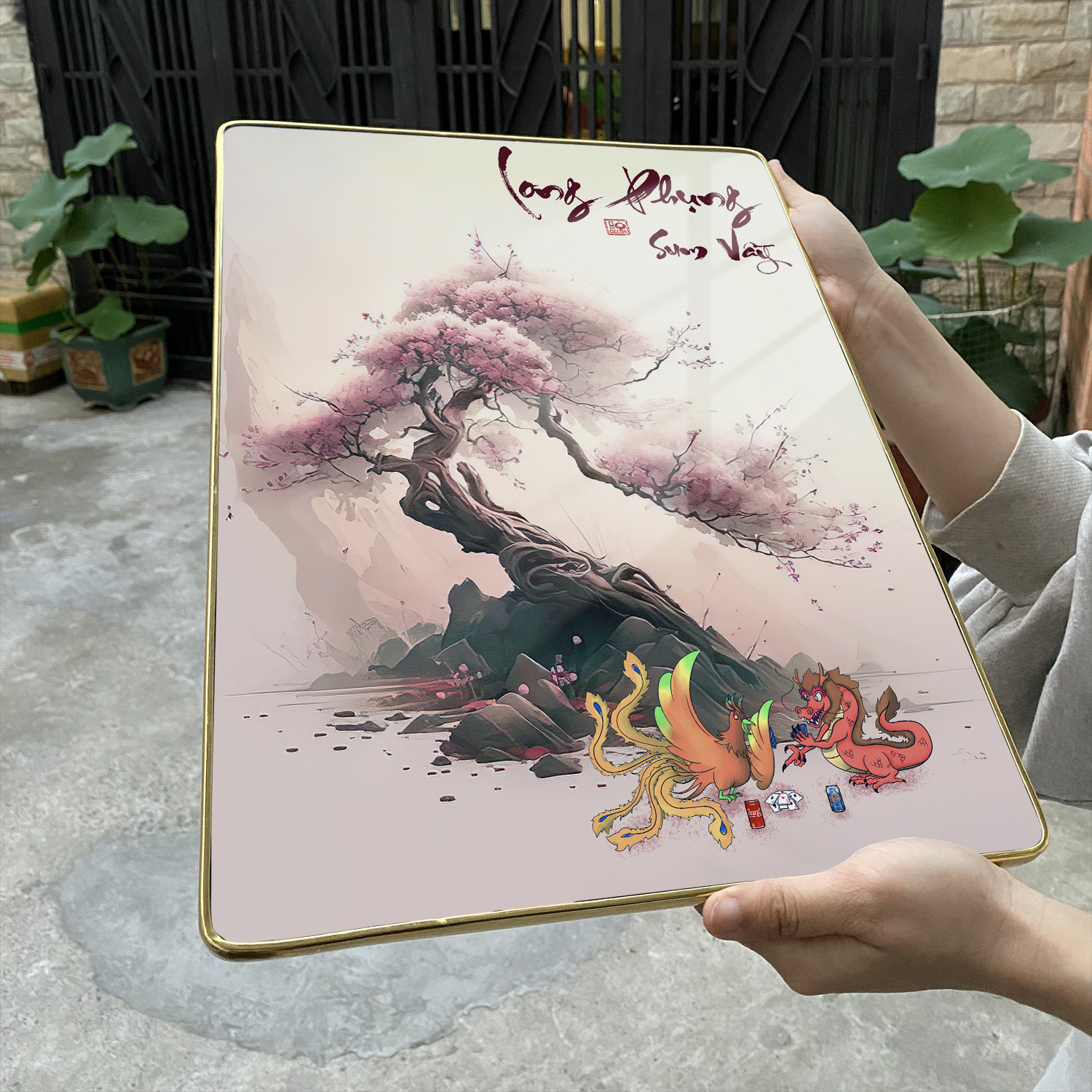 Tranh Tráng Gương LONG PHỤNG SUM VẦY chế hài hước CAO CẤP
