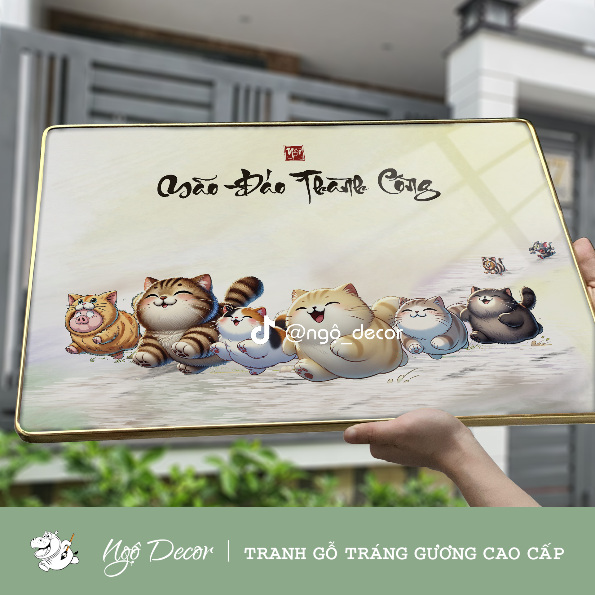 Tranh Gỗ tráng gương MÈO MÃO ĐÁO THÀNH CÔNG hài hước, Treo tường, để bàn, khung bo viền, Nhiều size