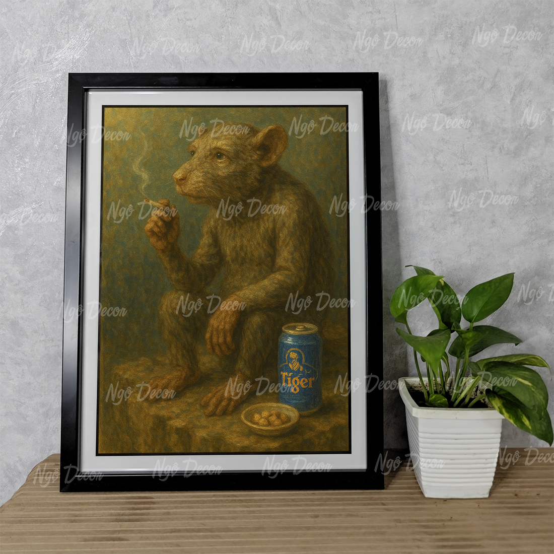 Tranh 12 con giáp hài hước, buồn sầu, uống tiger - Tranh khung gỗ kích thước 32x42 cm, Tặng phụ kiện