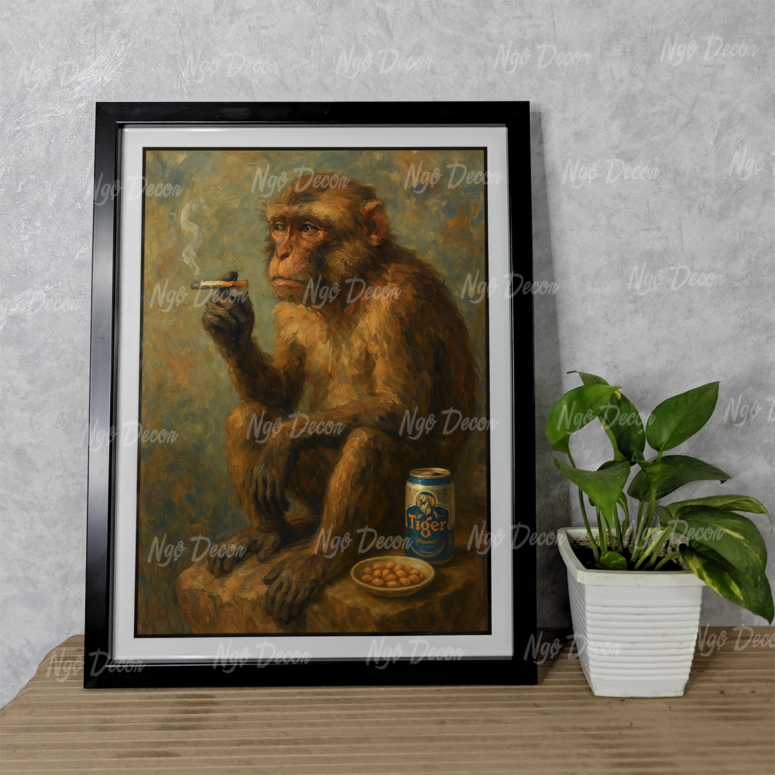 Tranh 12 con giáp hài hước, buồn sầu, uống tiger - Tranh khung gỗ kích thước 32x42 cm, Tặng phụ kiện