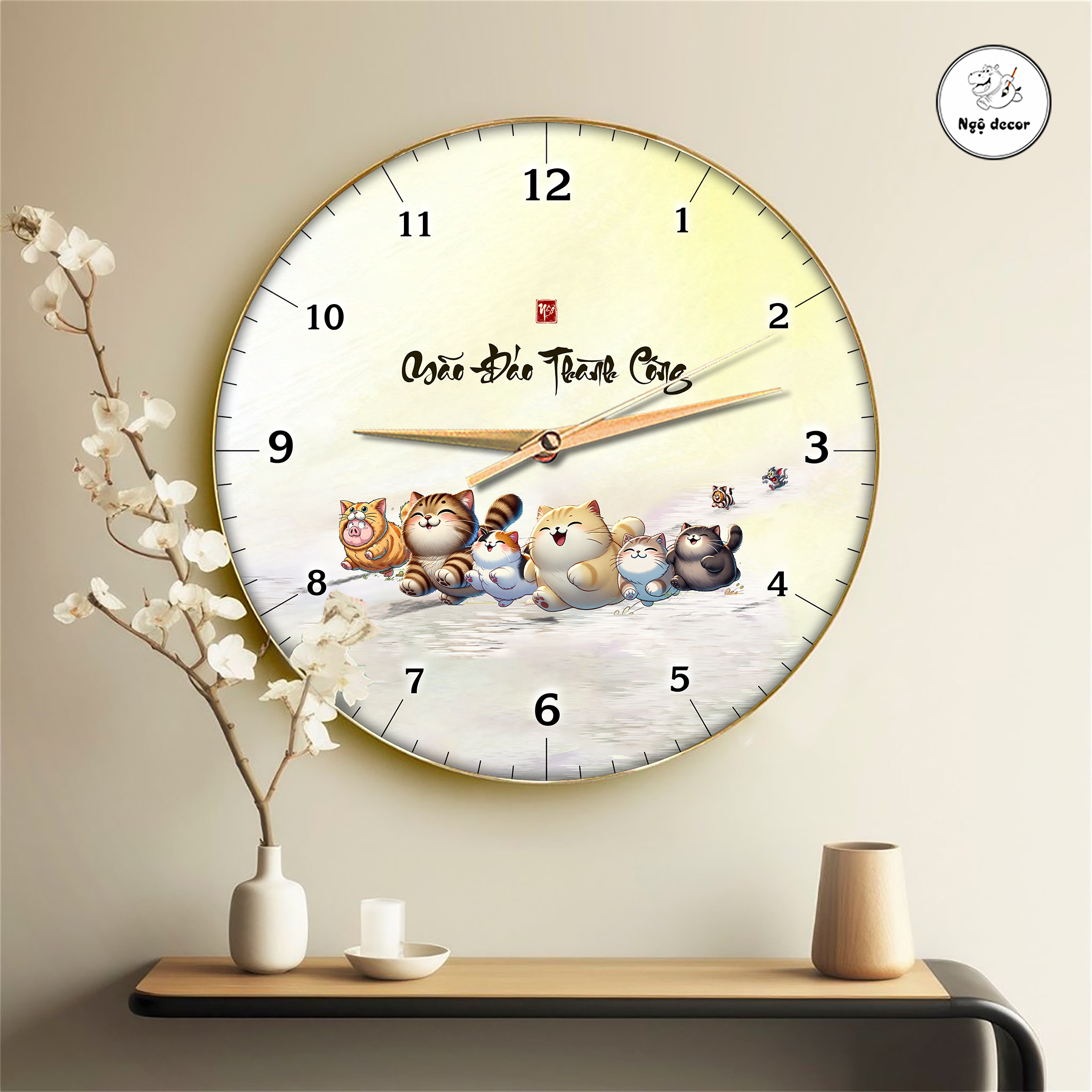Tranh Gỗ tráng gương MÈO MÃO ĐÁO THÀNH CÔNG hài hước, Treo tường, để bàn, khung bo viền, Nhiều size