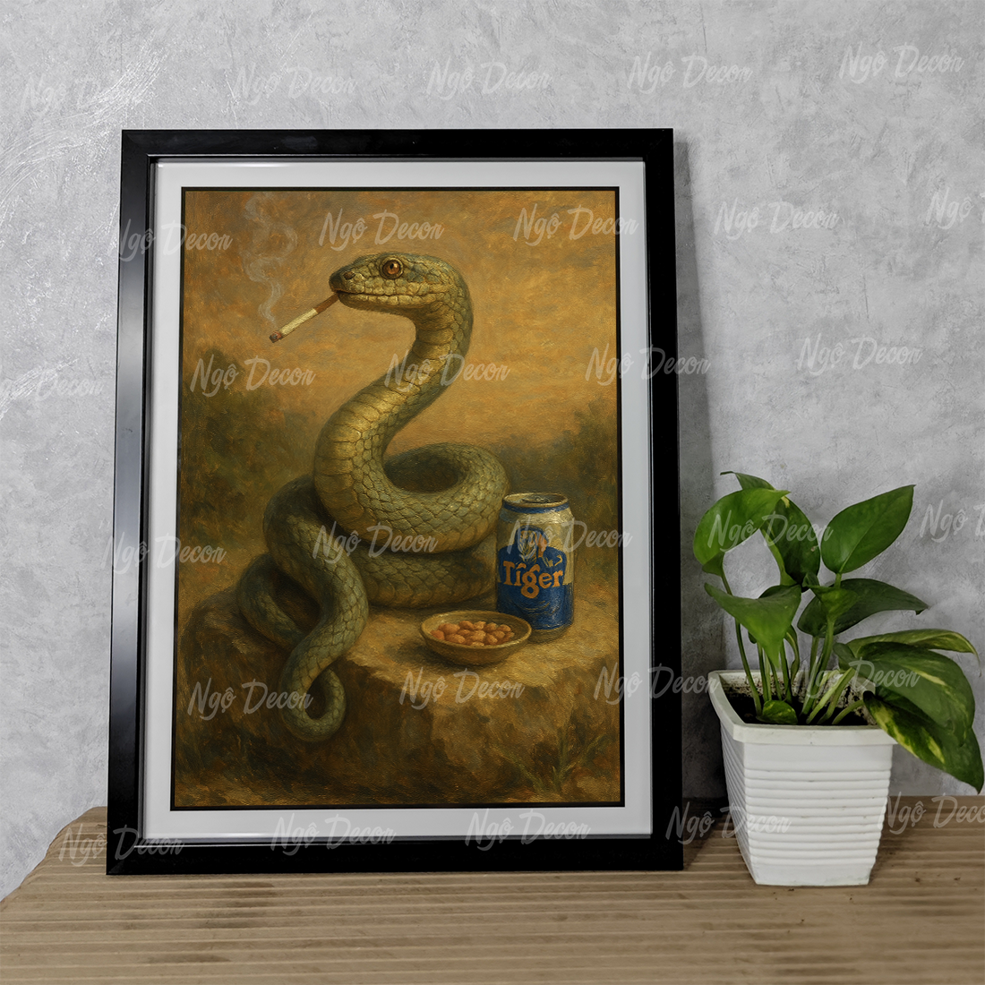 Tranh 12 con giáp hài hước, buồn sầu, uống tiger - Tranh khung gỗ kích thước 32x42 cm, Tặng phụ kiện