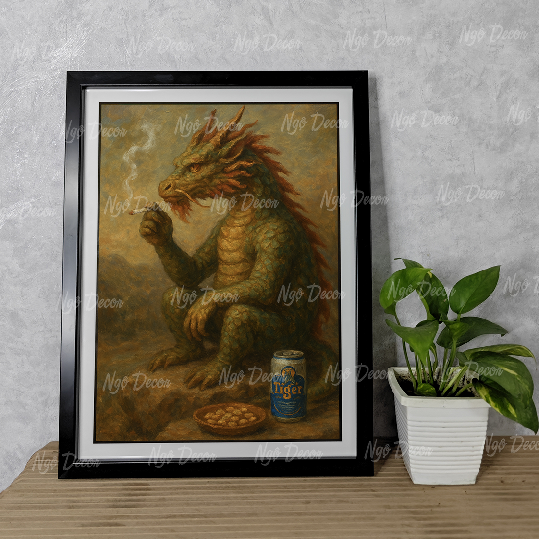 Tranh 12 con giáp hài hước, buồn sầu, uống tiger - Tranh khung gỗ kích thước 32x42 cm, Tặng phụ kiện