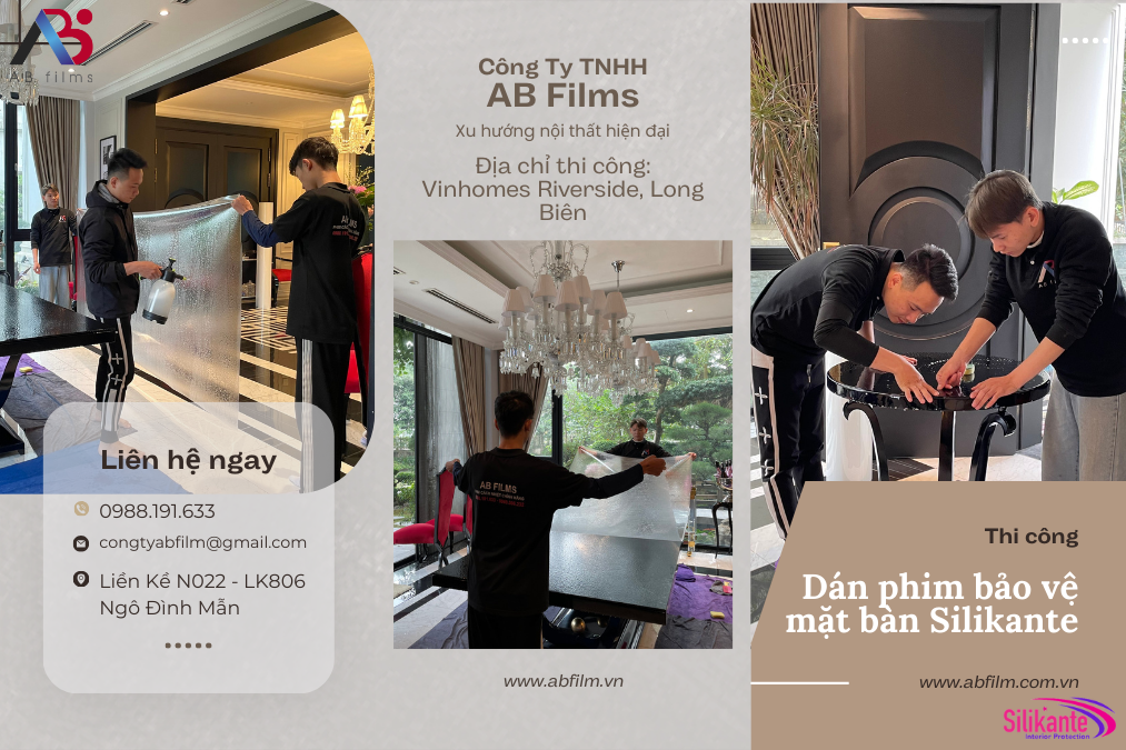 Thi công dán phim bảo vệ mặt bàn tại Vinhomes Riverside Long Biên