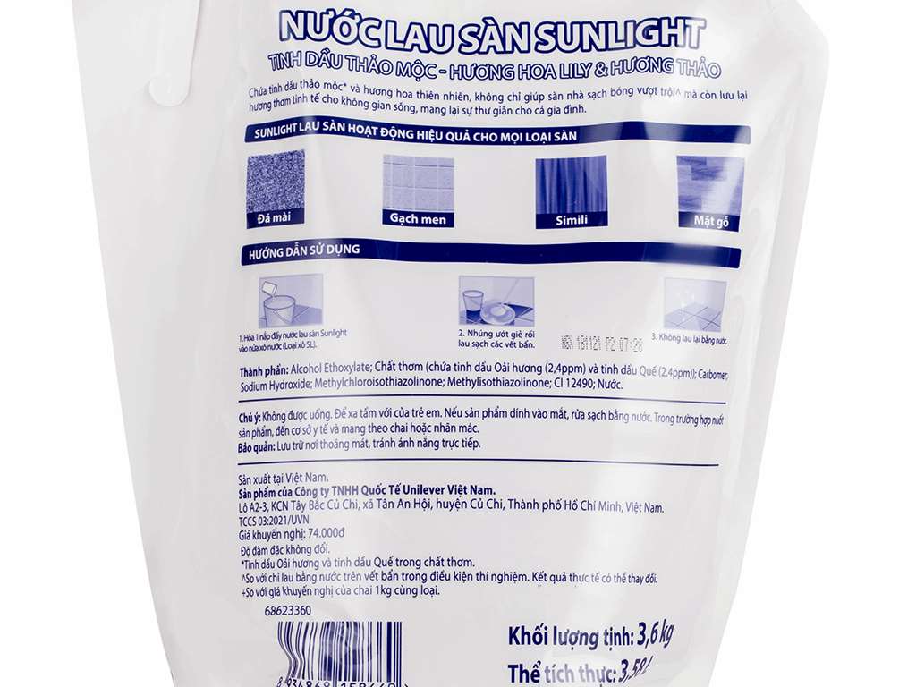 Nước lau sàn Sunlight tinh dầu thảo mộc lily hương thảo túi 3.6kg