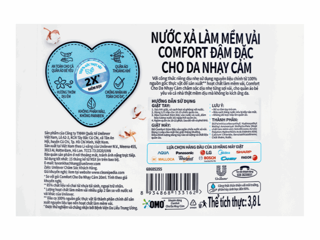 Nước xã vải COMFORT đậm đặc cho da nhạy cảm 3.6 lít