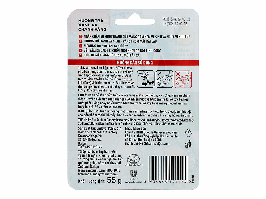 VIM Viên treo bồn cầu hương Trà xanh & chanh vàng 55g/9 viên