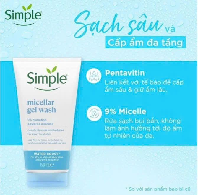 Gel rửa mặt Simple Micellar Gel Wash-cấp ẩm mịn màng tuýp 150ml (tặng nước tẩy trang 200ml)