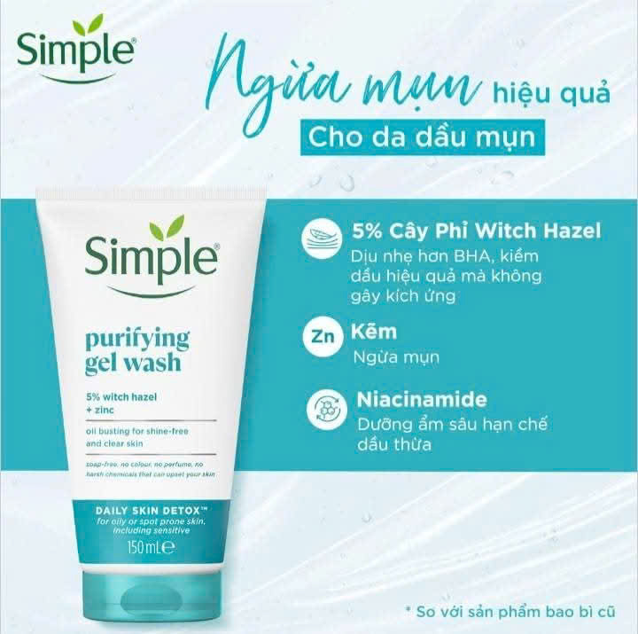 Gel rửa mặt Simple Purifying Gel Wash- Kiềm dầu giảm nhờn tuýp 150ml (tặng nước tẩy trang 200ml)
