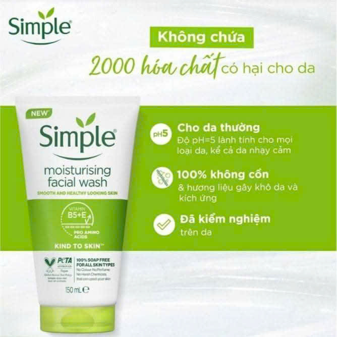 Sữa rửa mặt Simple Moisturising Facial Wash- dưỡng ẩm mịn màng tuýp 150ml (tặng nước tẩy trang 200ml)