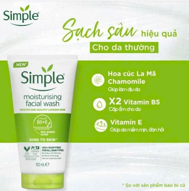 Sữa rửa mặt Simple Moisturising Facial Wash- dưỡng ẩm mịn màng tuýp 150ml (tặng nước tẩy trang 200ml)