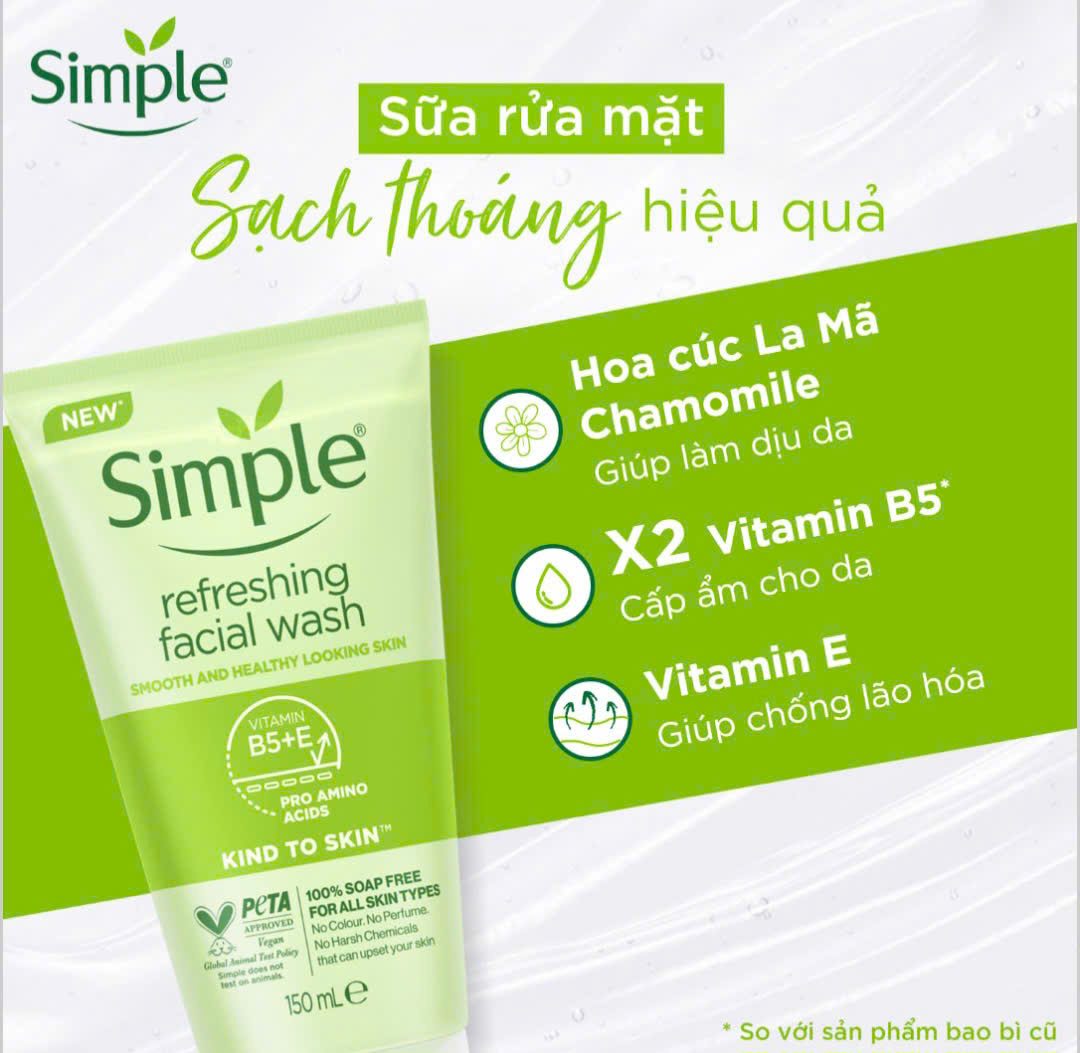 Sữa rửa mặt Simple Refreshing Facial Wash_ Lành tính sạch thoáng cho da nhạy cảm tuýp 150ml (tặng nước tẩy trang 200ml)