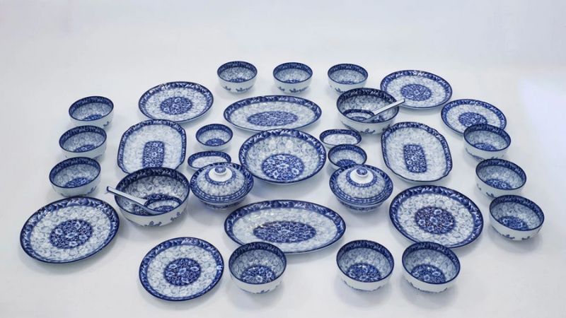 Bộ bát đĩa thắp hương Sambo cơ bản họa tiết xanh truyền thống