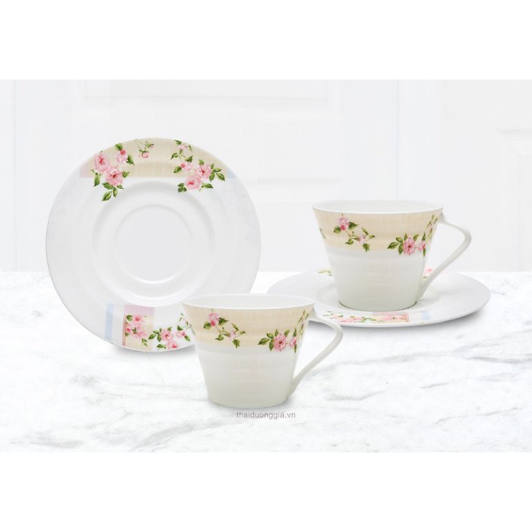 Bộ tách trà, cà phê Hồng Pháp 2 chiếc 220ml sứ xương Hàn Quốc Haengnam 5370