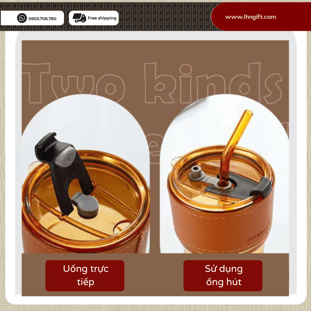 Ly thủy tinh bọc da , cốc thủy tinh bọc da 450ml kèm ống hút sang trọng