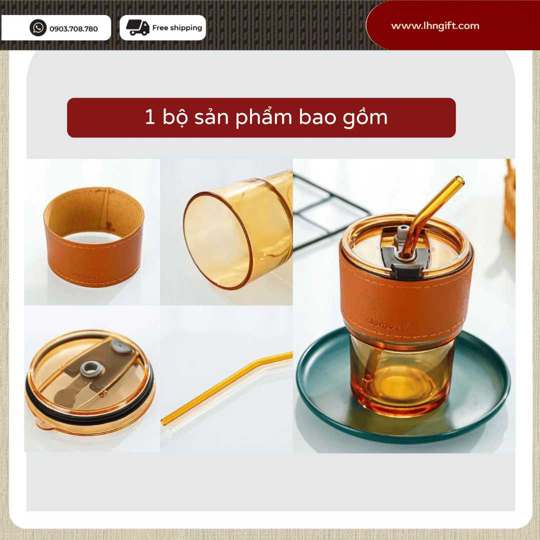 Ly thủy tinh bọc da , cốc thủy tinh bọc da 450ml kèm ống hút sang trọng