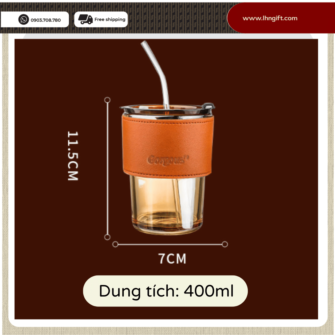 Ly thủy tinh bọc da , cốc thủy tinh bọc da 450ml kèm ống hút sang trọng