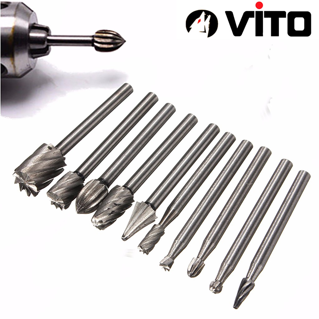 Bộ 10/20 Đầu Mũi Mài Khắc Làm Gỗ Lũa VITO Phủ Titanium Cán 3mm