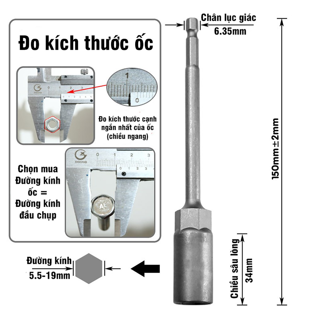 Khẩu Chụp Bulong Sâu Lòng Dài 150mm Bắn Vít VITO Chân Lục Giác Các Kích Cỡ