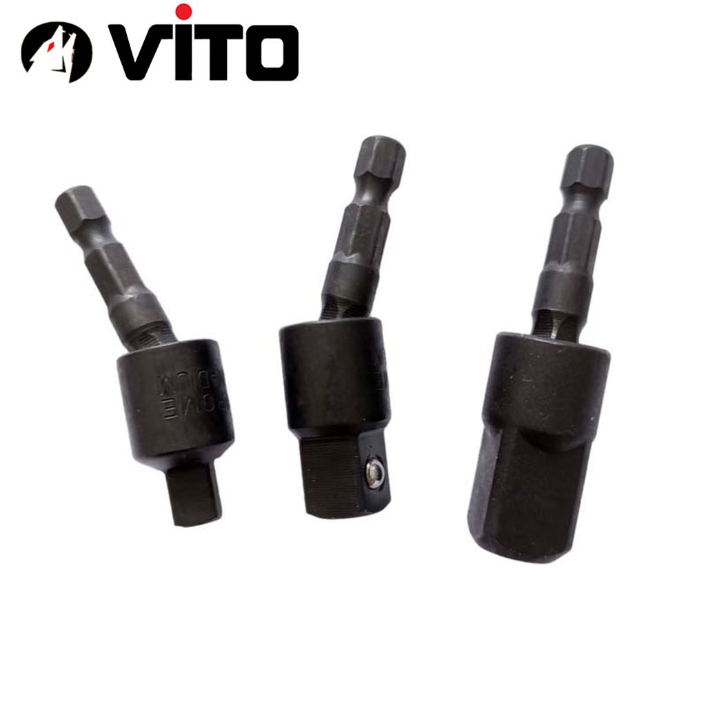 Combo 3 Đầu Chuyển Chân Lục Giác Bắn Vít Sang Khẩu Bulong Lắc Léo 1/4" 3/8" 1/2" VITO Gắn Cho Máy Khoan, Máy Bắn Vít