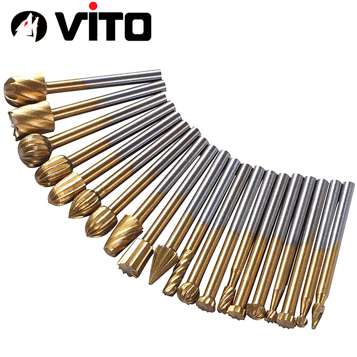 Bộ 10/20 Đầu Mũi Mài Khắc Làm Gỗ Lũa VITO Phủ Titanium Cán 3mm