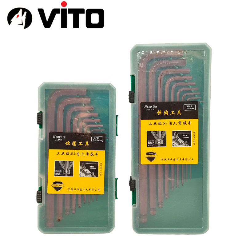 Hộp Lục Giác Vặn Tay Chữ L 2 Đầu Lục Giác, Lục Giác Bi 9 Cây VITO Thép S2 Mạ Crôm Độ Cứng Cao