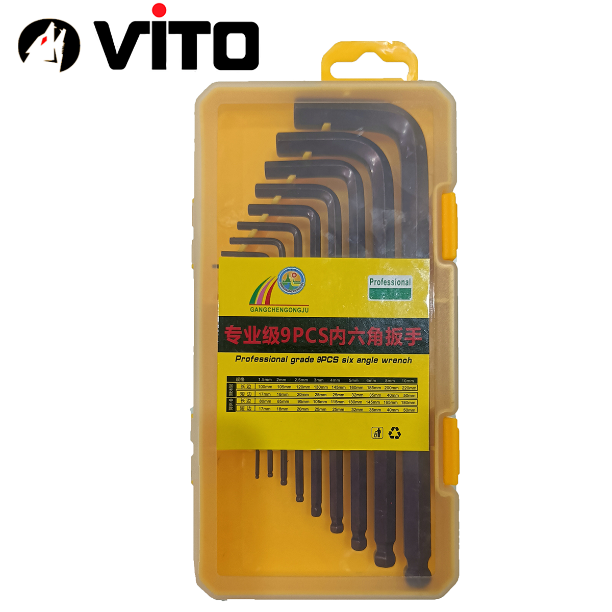 Hộp Lục Giác Vặn Tay Chữ L 2 Đầu Lục Giác, Lục Giác Bi 9 Cây VITO Thép S2 Mạ Crôm Độ Cứng Cao