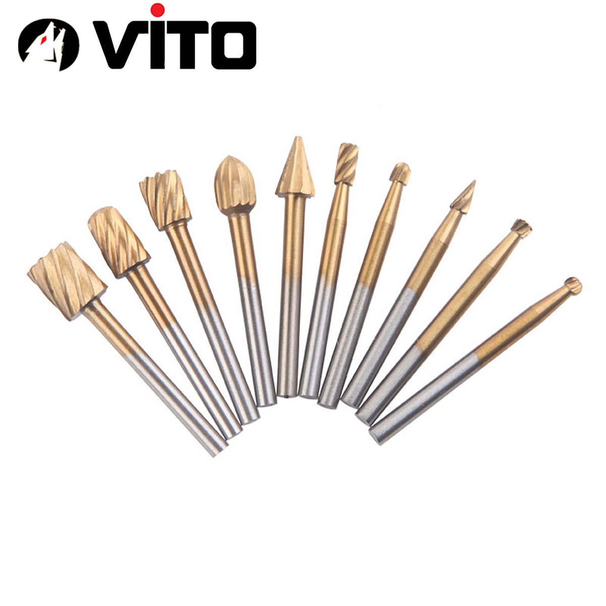 Bộ 10/20 Đầu Mũi Mài Khắc Làm Gỗ Lũa VITO Phủ Titanium Cán 3mm