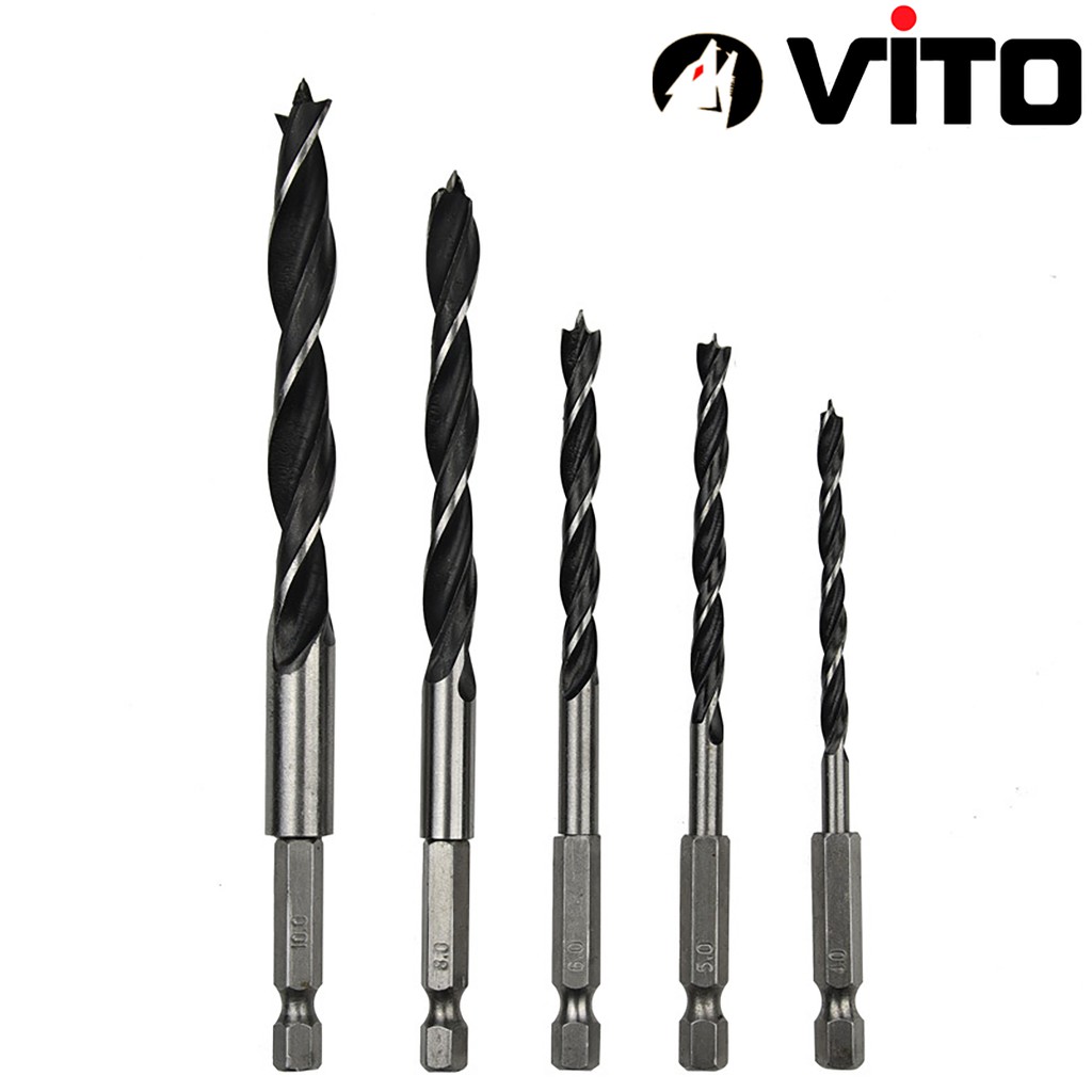 Bộ 5 Mũi Khoan Gỗ VITO Có Đầu Cố Định Tâm Chuôi Lục Giác Kích Thước 4-10mm