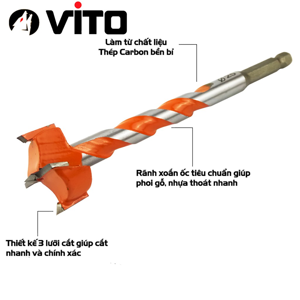 Mũi Khoan Khoét Lỗ Gỗ, Nhựa VITO Lưỡi Hợp Kim 16-25mm Chuôi Lục Giác